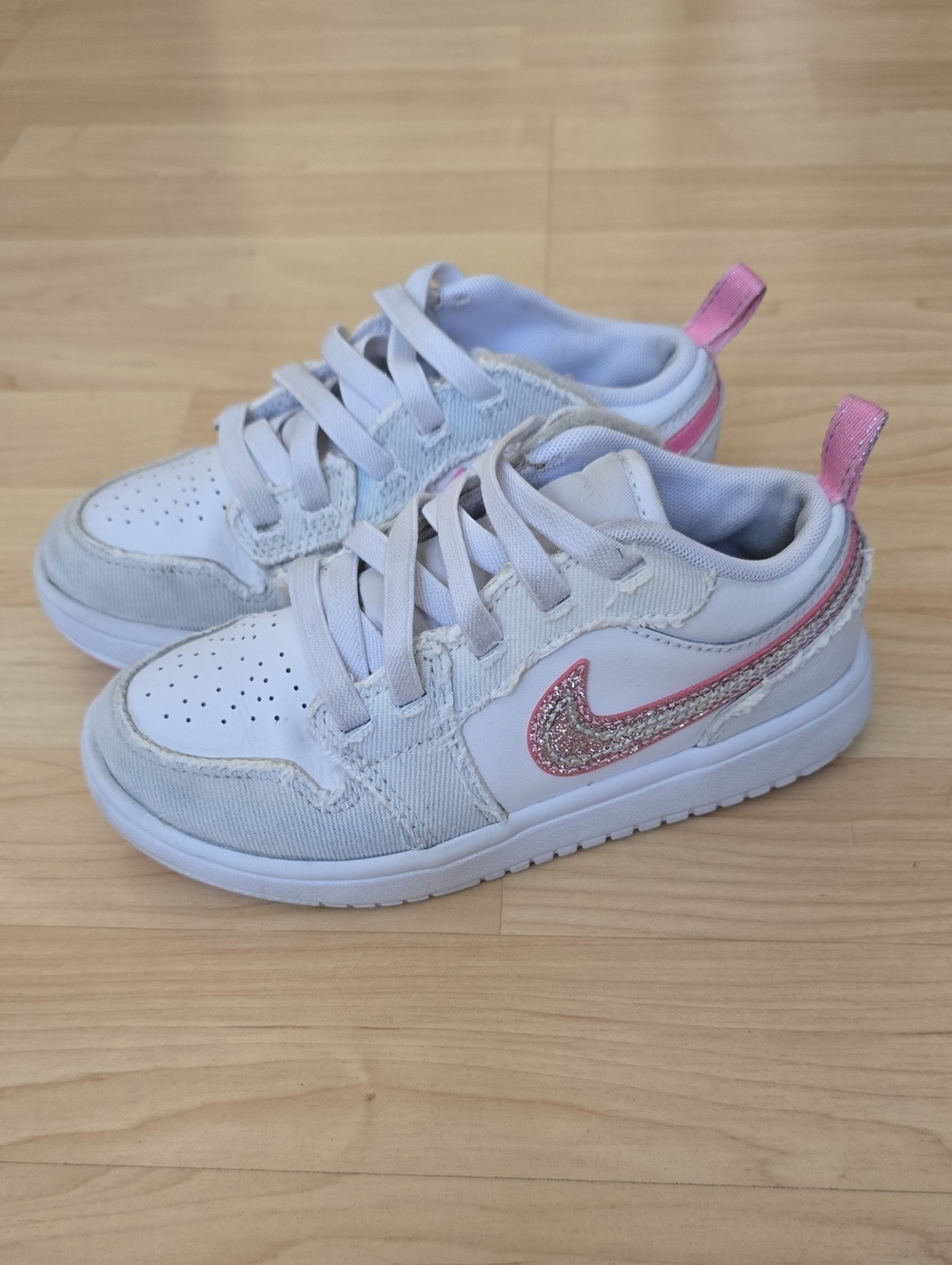 Jordan Kids White/Pink Low Alt Se  Sneakers with Pink Glitter Swoosh Size 13C